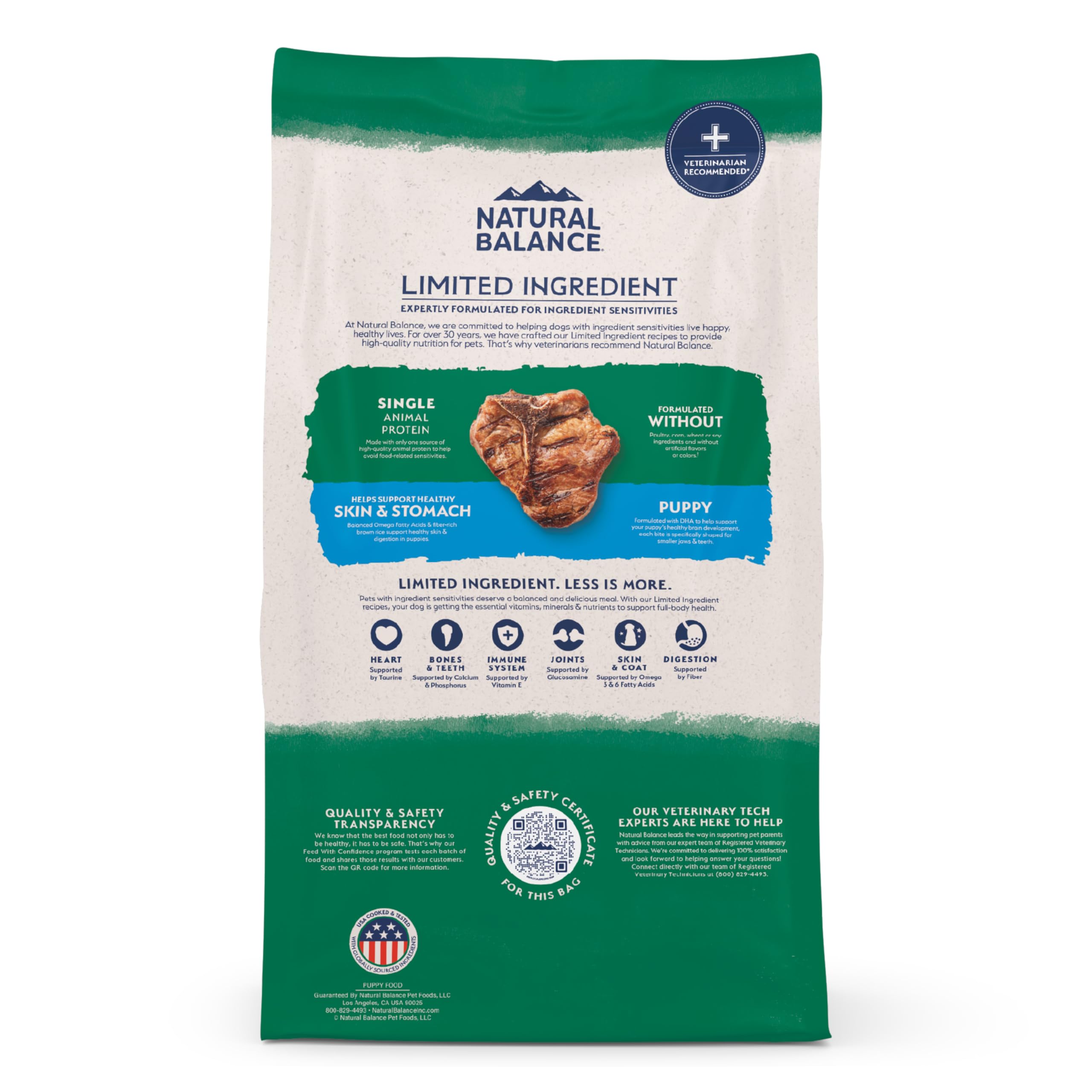 Natural Balance puppy safety program badge underscores batch testing and quality assurance