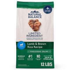 Natural Balance puppy lamb brown rice bag 12lb highlights simple ingredients for gentle digestion