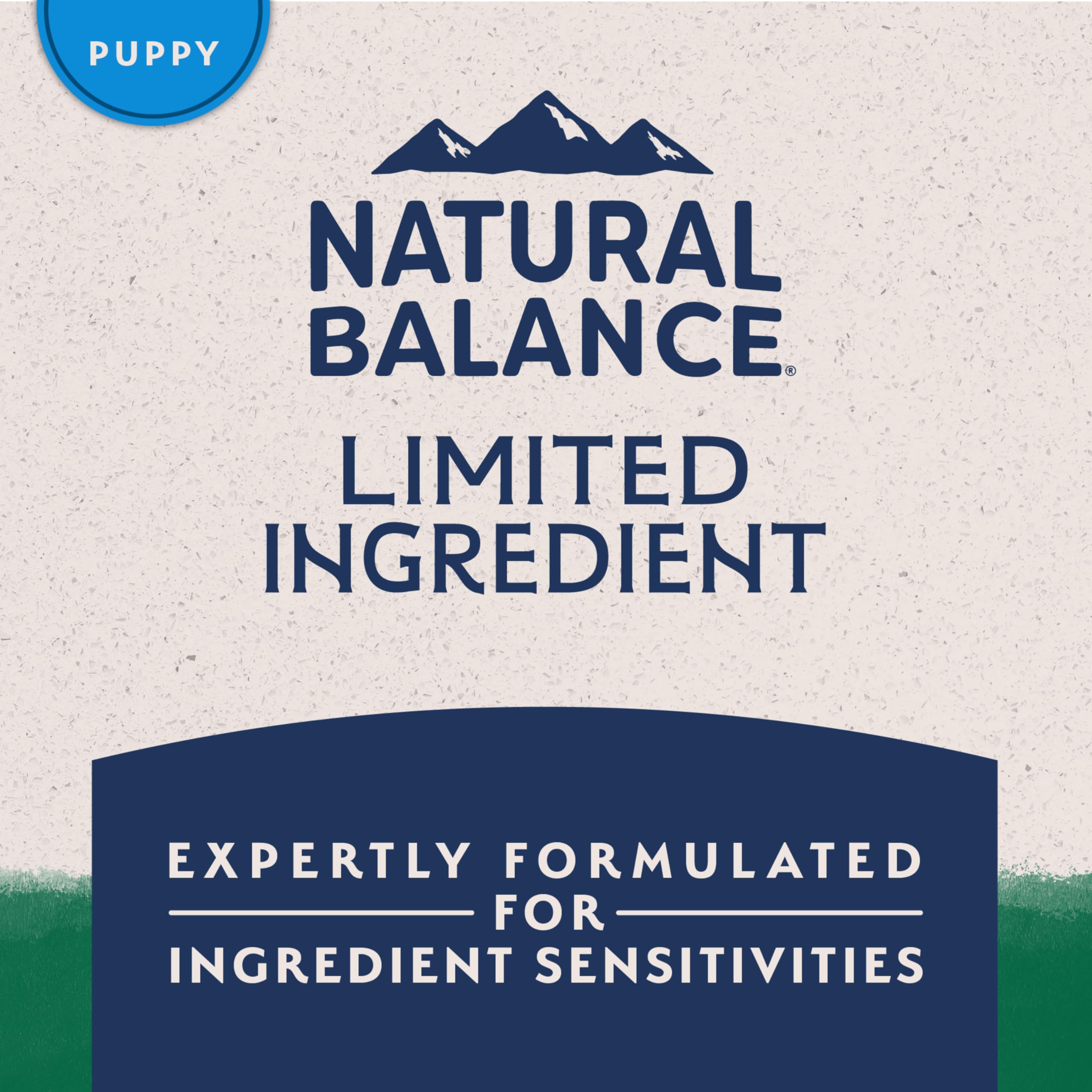 Natural Balance puppy no-corn-wheat-soy badge communicates allergen-free approach