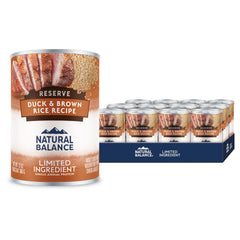 Natural Balance Reserve duck and brown rice cans show a protein-rich meal for dogs