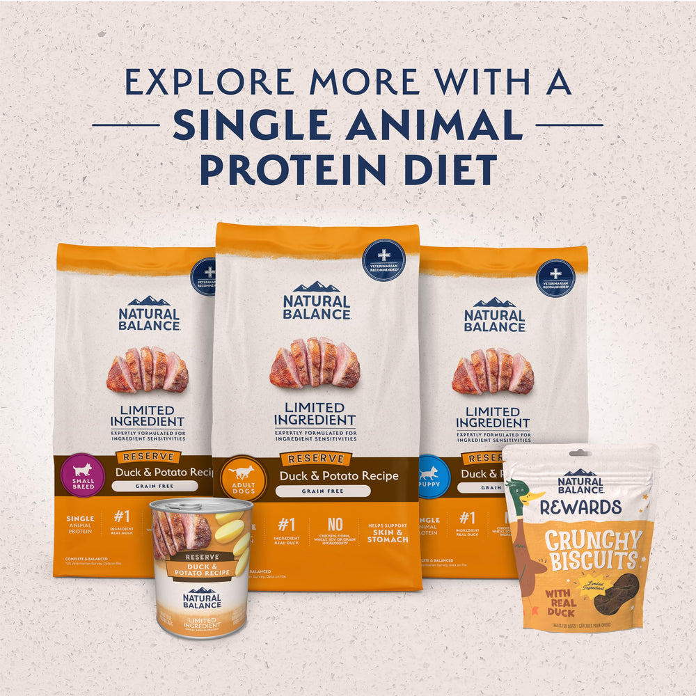 Natural Balance Reserve duck-potato formula label highlighting single protein source.