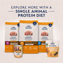 Natural Balance Reserve duck-potato formula label highlighting single protein source.