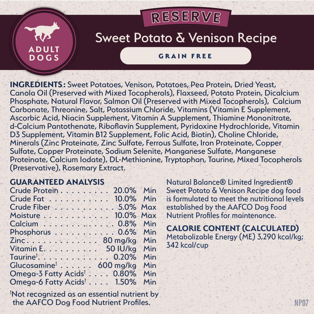 Natural Balance Reserve grain-free formula bag showing grain-free promise.