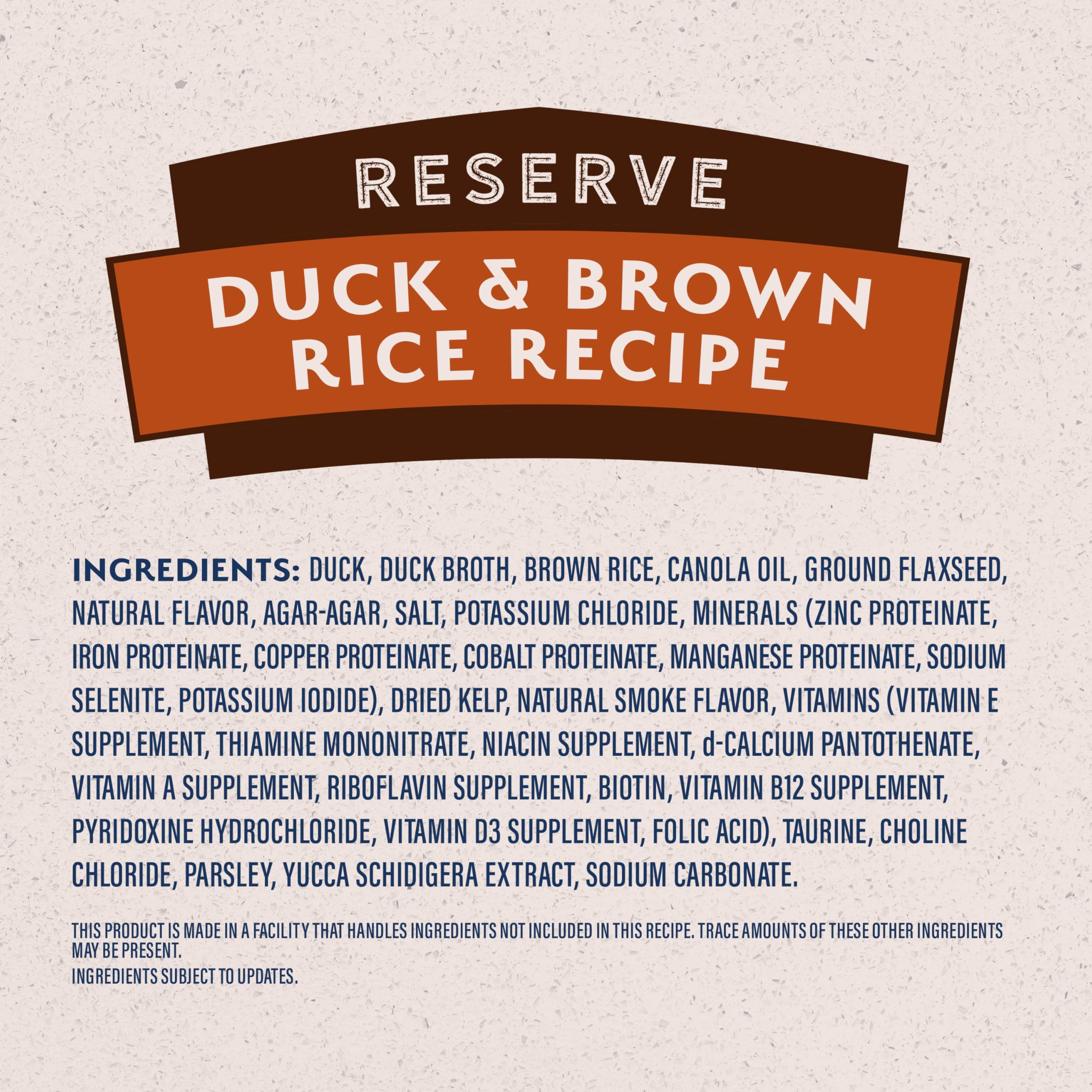 Natural Balance Reserve ingredient list label emphasizes clean, soy-free and gluten-free recipe
