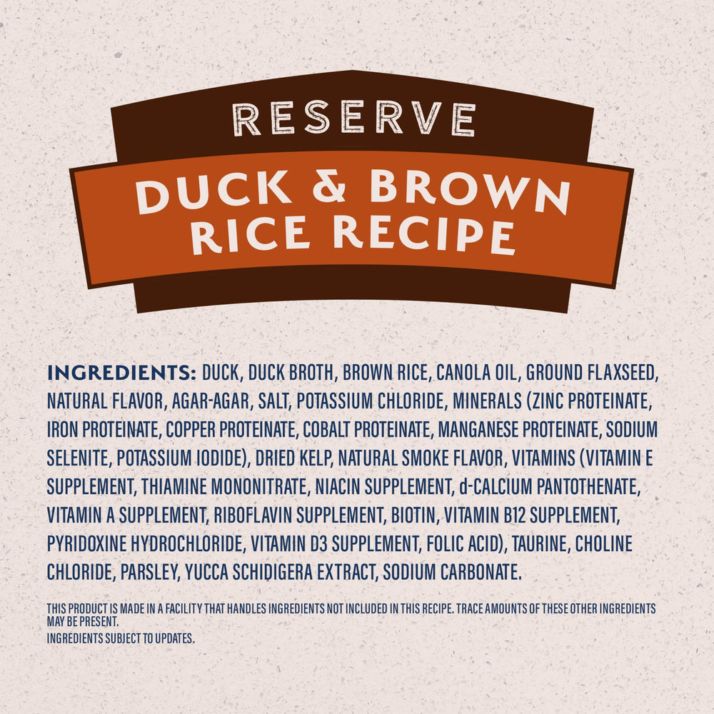 Natural Balance Reserve ingredient list label emphasizes clean, soy-free and gluten-free recipe