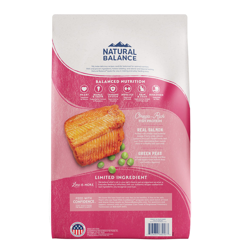Natural Balance salmon dry cat food closeup — single-protein formula for sensitive stomachs.
