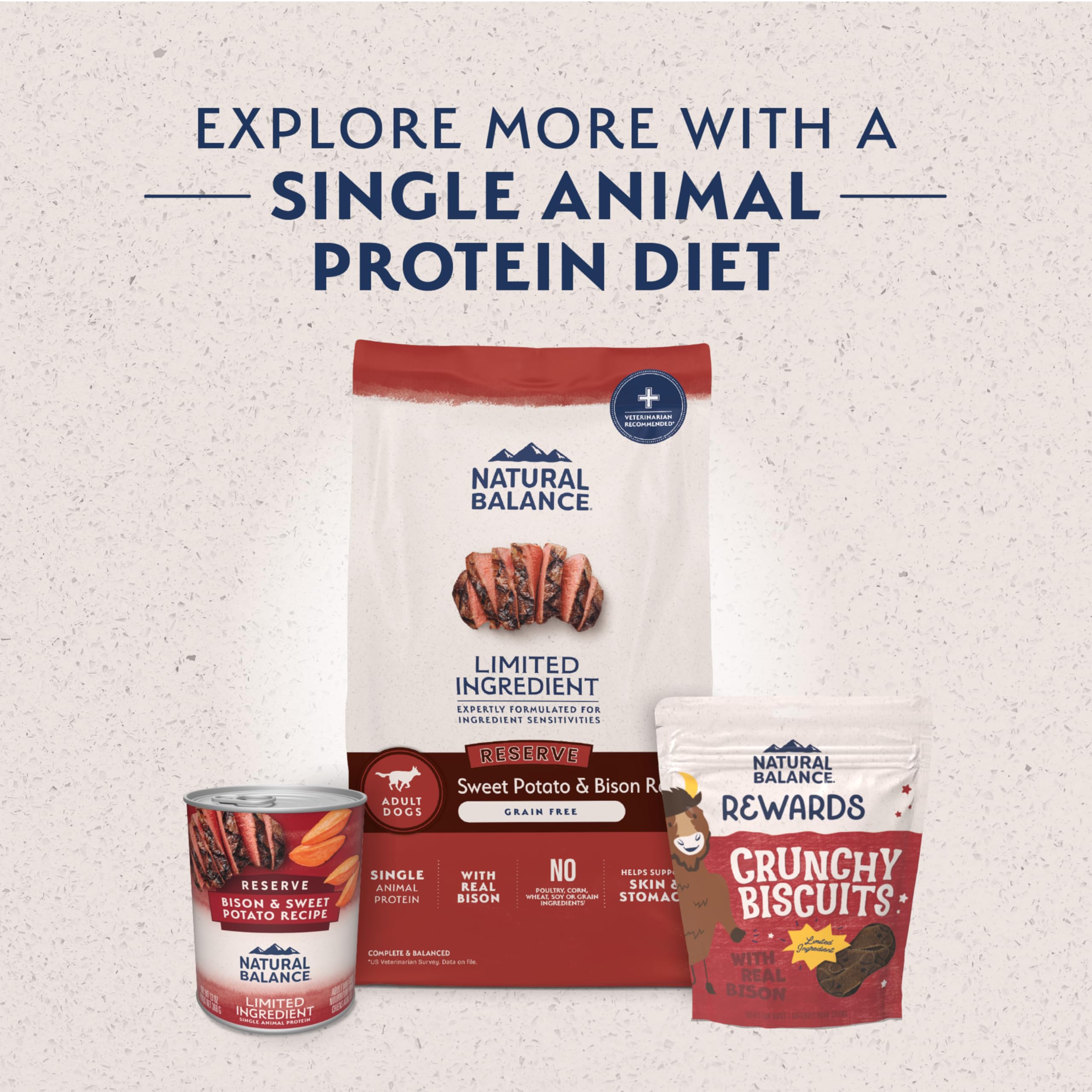 Natural Balance single-protein bison feature on bag for sensitive stomach options.