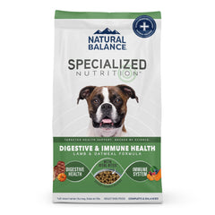 Natural Balance Specialized Nutrition packaging highlights lamb and oatmeal formula for digestive comfort.
