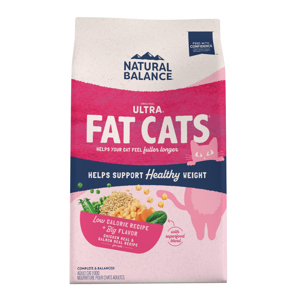 Natural Balance Ultra Fat Cats bag front showing chicken and salmon meals for weight-conscious cats.