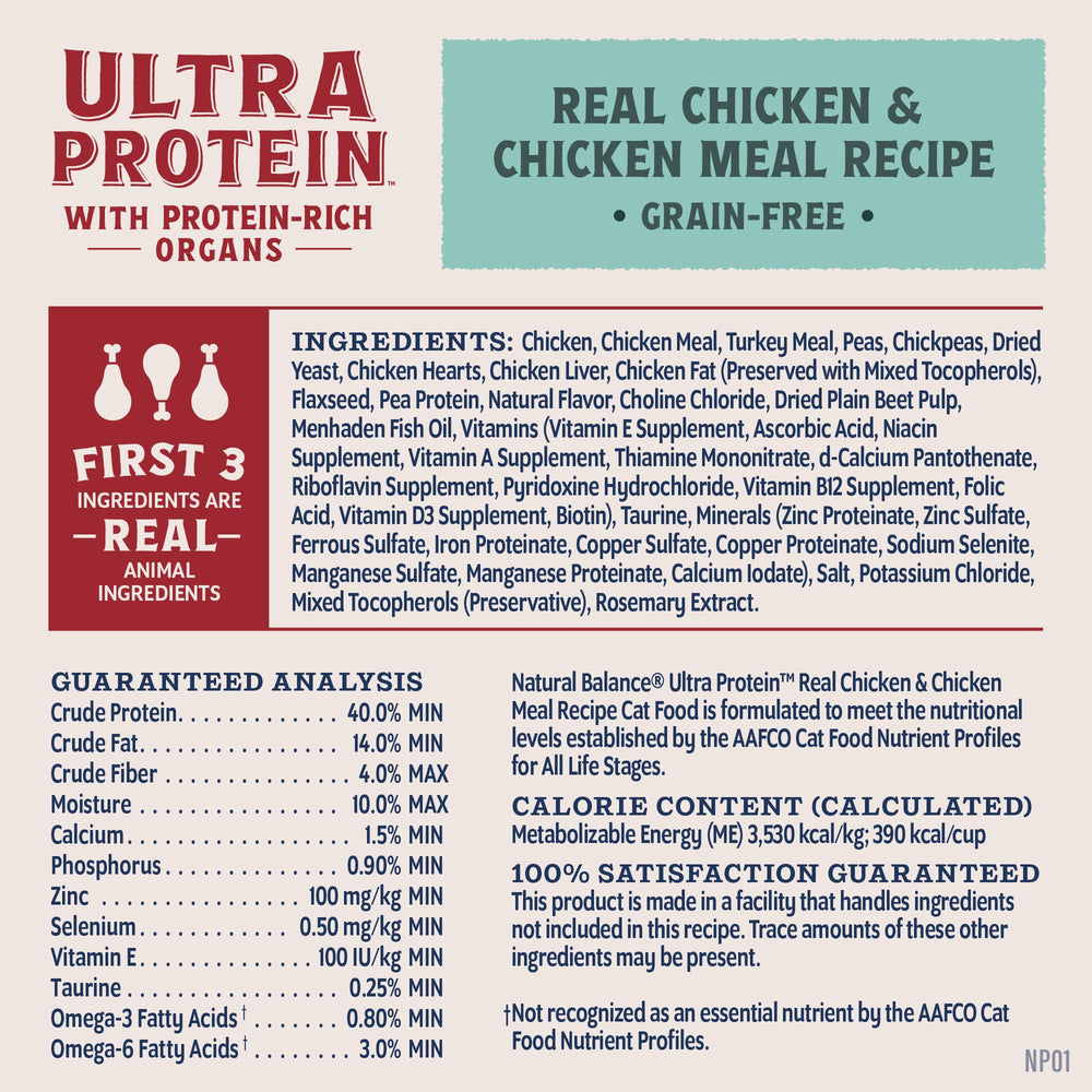 Natural Balance Ultra Protein packaging highlights no artificial colors flavors or preservatives