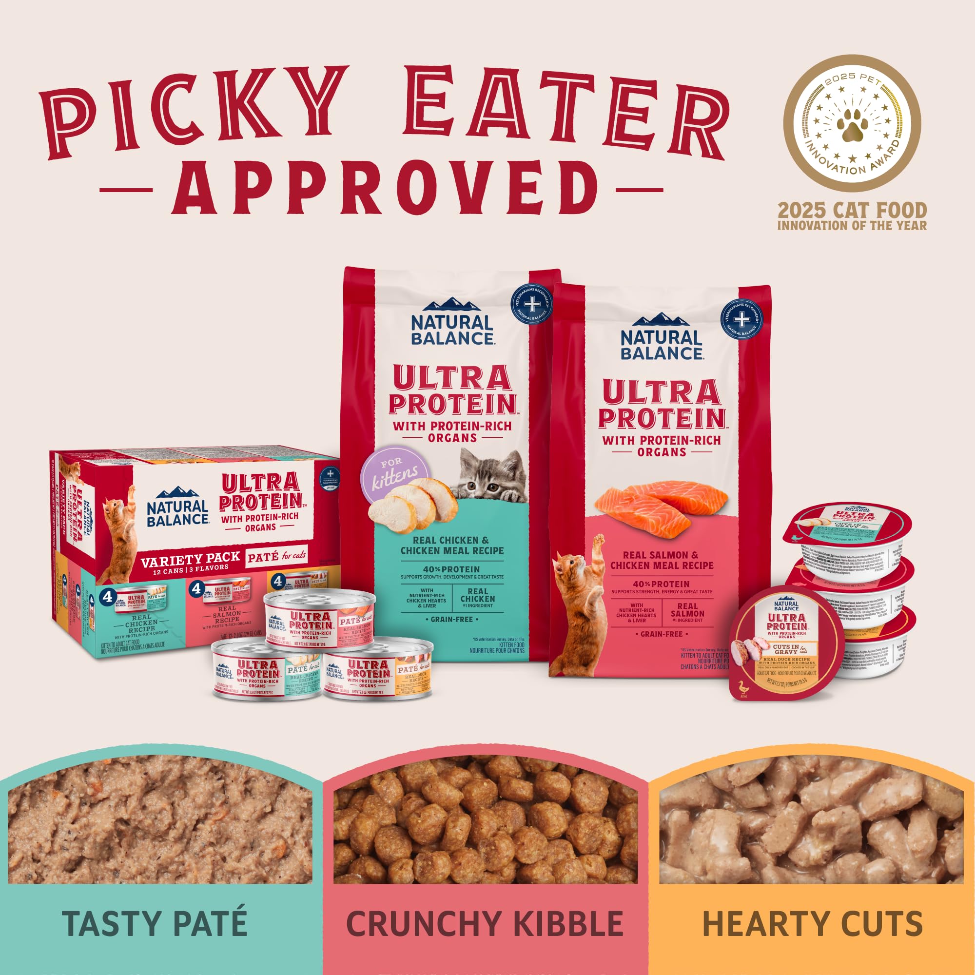 Natural Balance Ultra Protein dry cat food with chicken heart and liver signals protein-rich nutrition