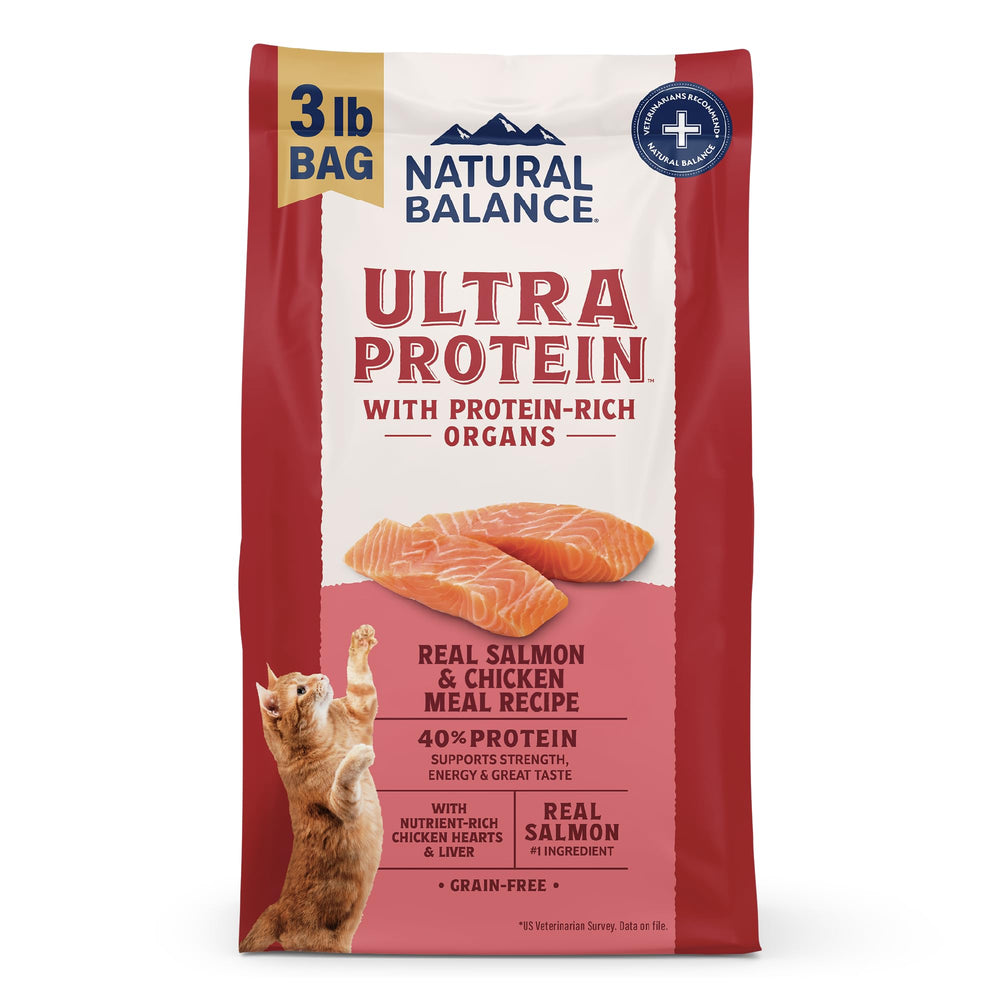 Natural Balance Ultra Protein cat food with real salmon as the first ingredient for high-protein nutrition.