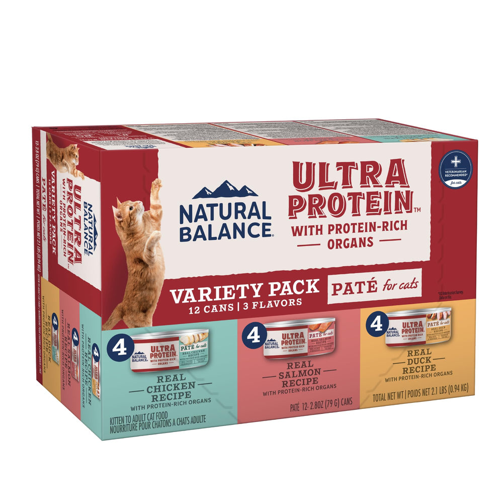 Natural Balance Ultra Protein pate with chicken heart cans showing premium meat-based cat food.