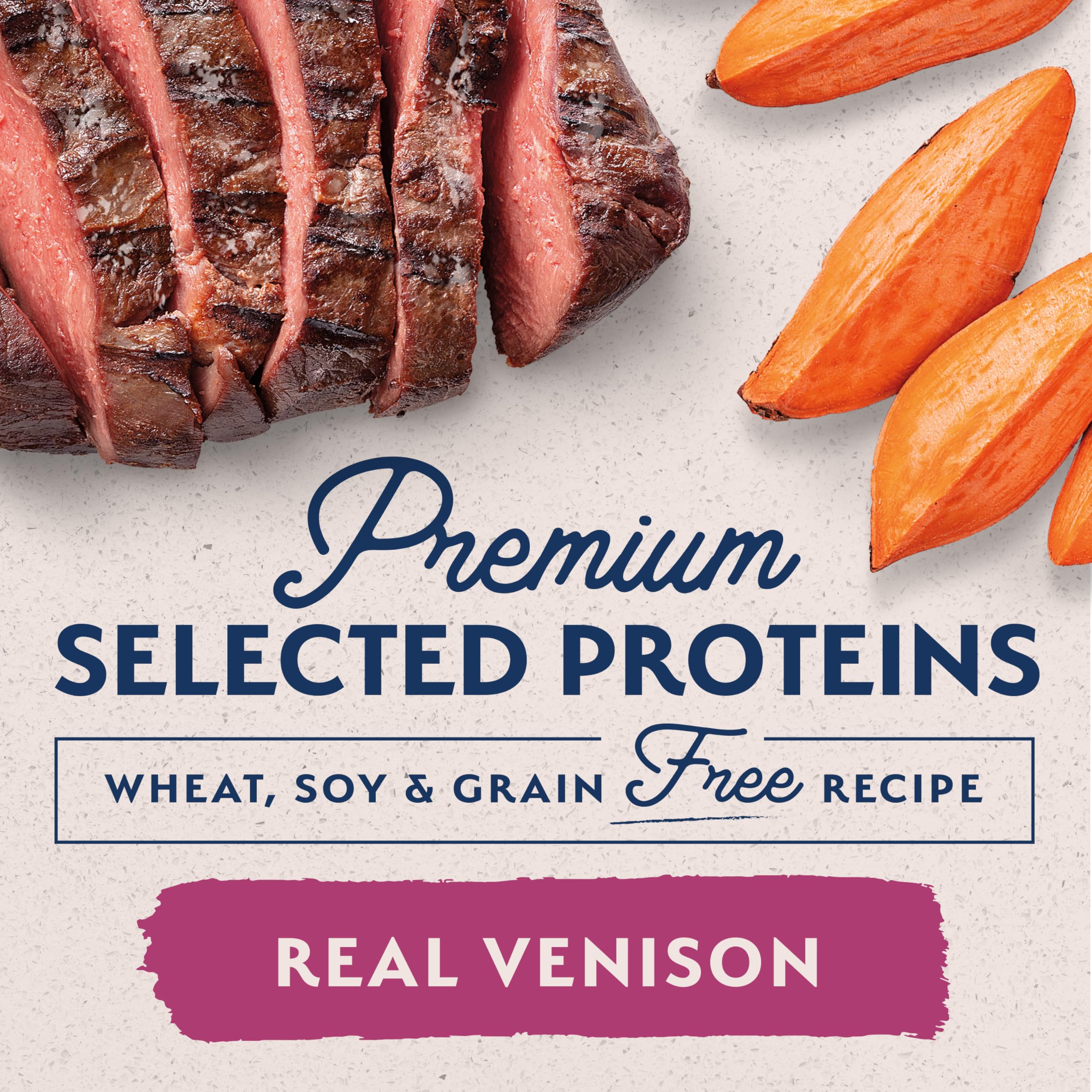 Natural Balance venison single-protein source close-up highlighting muscular nourishment