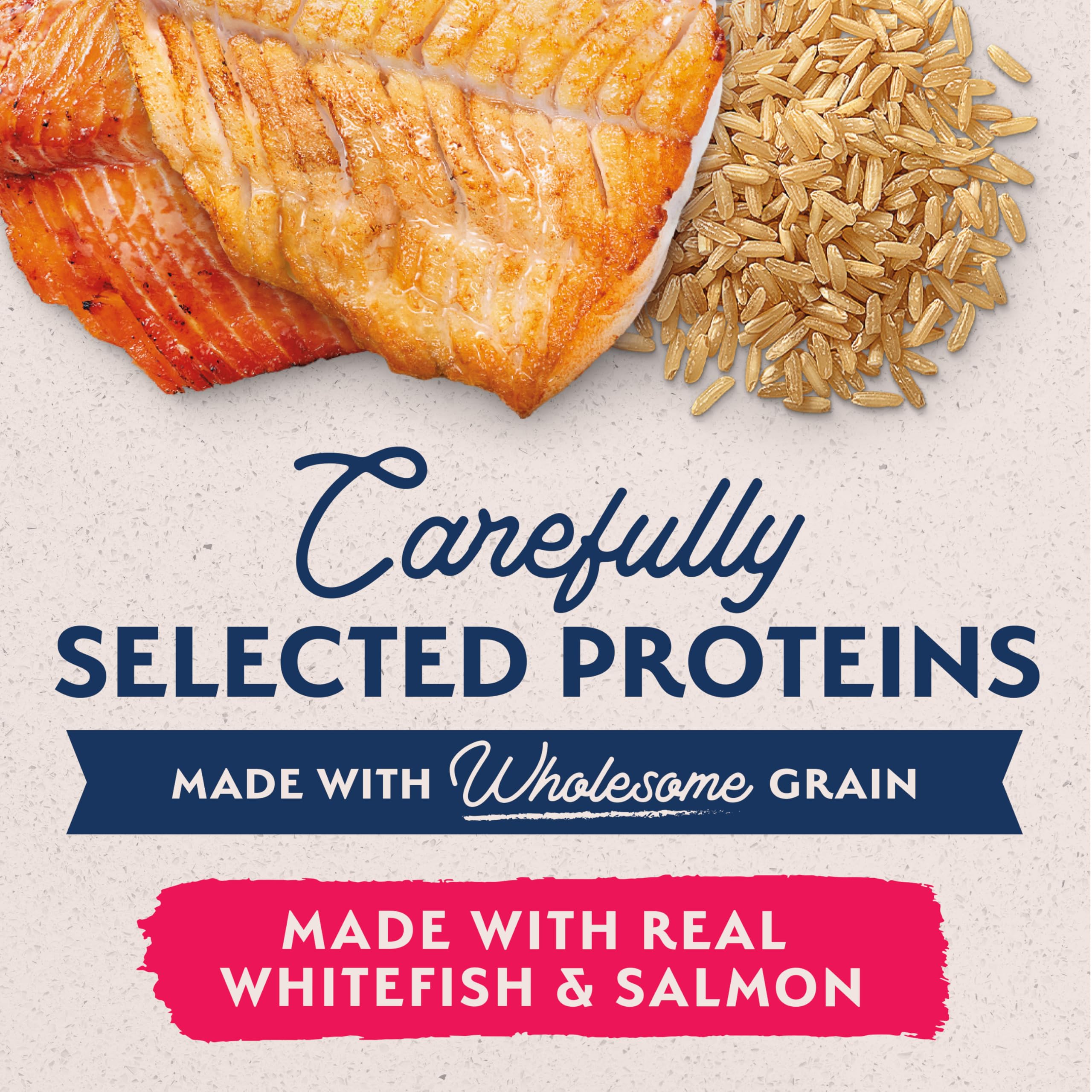 Natural Balance whitefish and salmon ingredients image highlights fiber from brown rice.