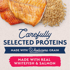Natural Balance whitefish and salmon ingredients image highlights fiber from brown rice.