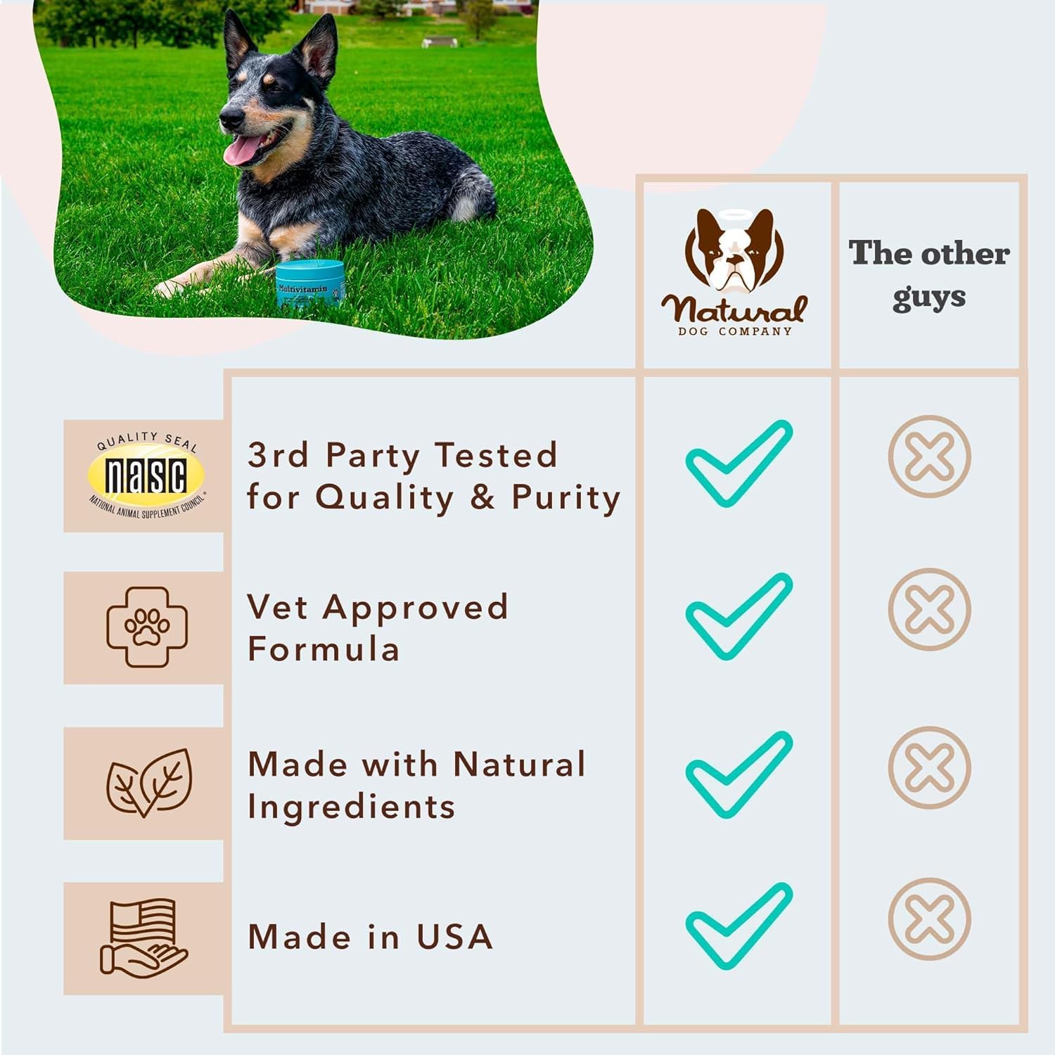 Natural Dog Company 25-in-1 packaging highlighting USA-made quality