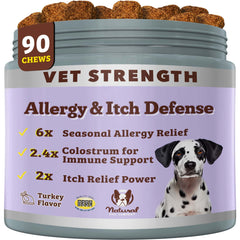 Natural Dog Company Allergy Chews bottle on shelf shows vet-strength daily use