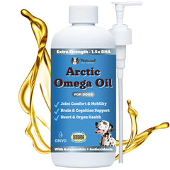 Natural Dog Company Arctic Omega Oil bottle pour demonstrates easy dosing for daily omega support