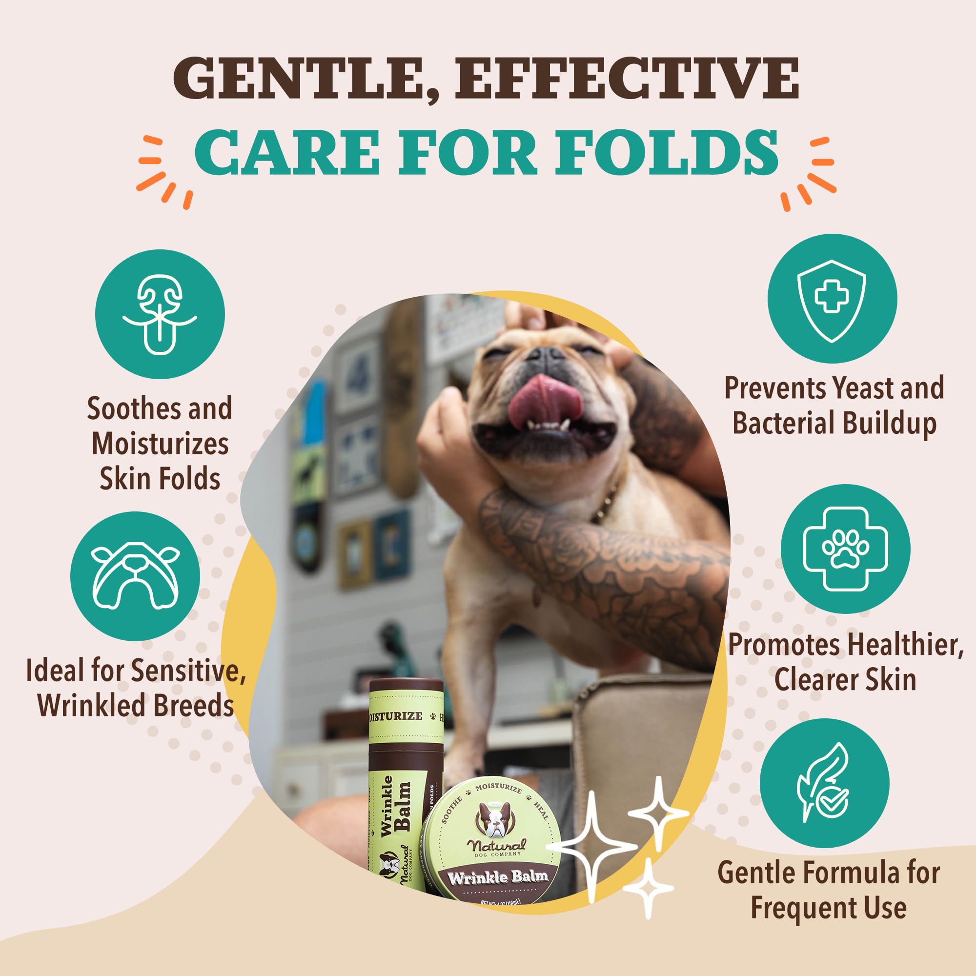 Natural Dog Company bulldog wrinkle care routine example across facial folds.