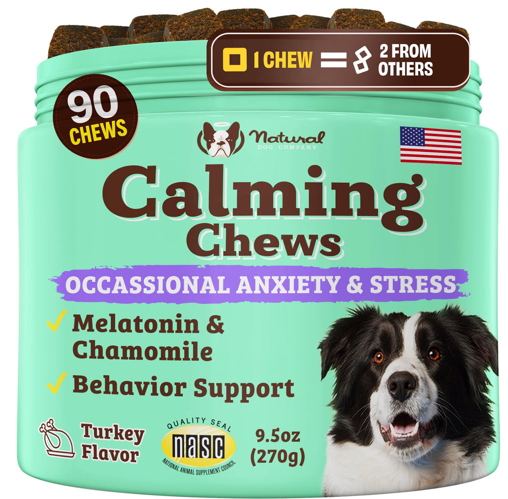 Natural Dog Company calming chews bottle shown, helping dogs settle during stressful moments.