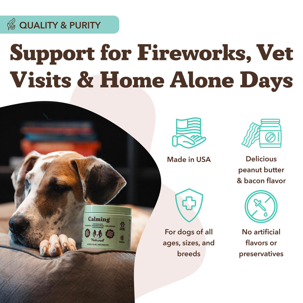 Digestive-support note on Natural Dog Company calming chews during stress moments.