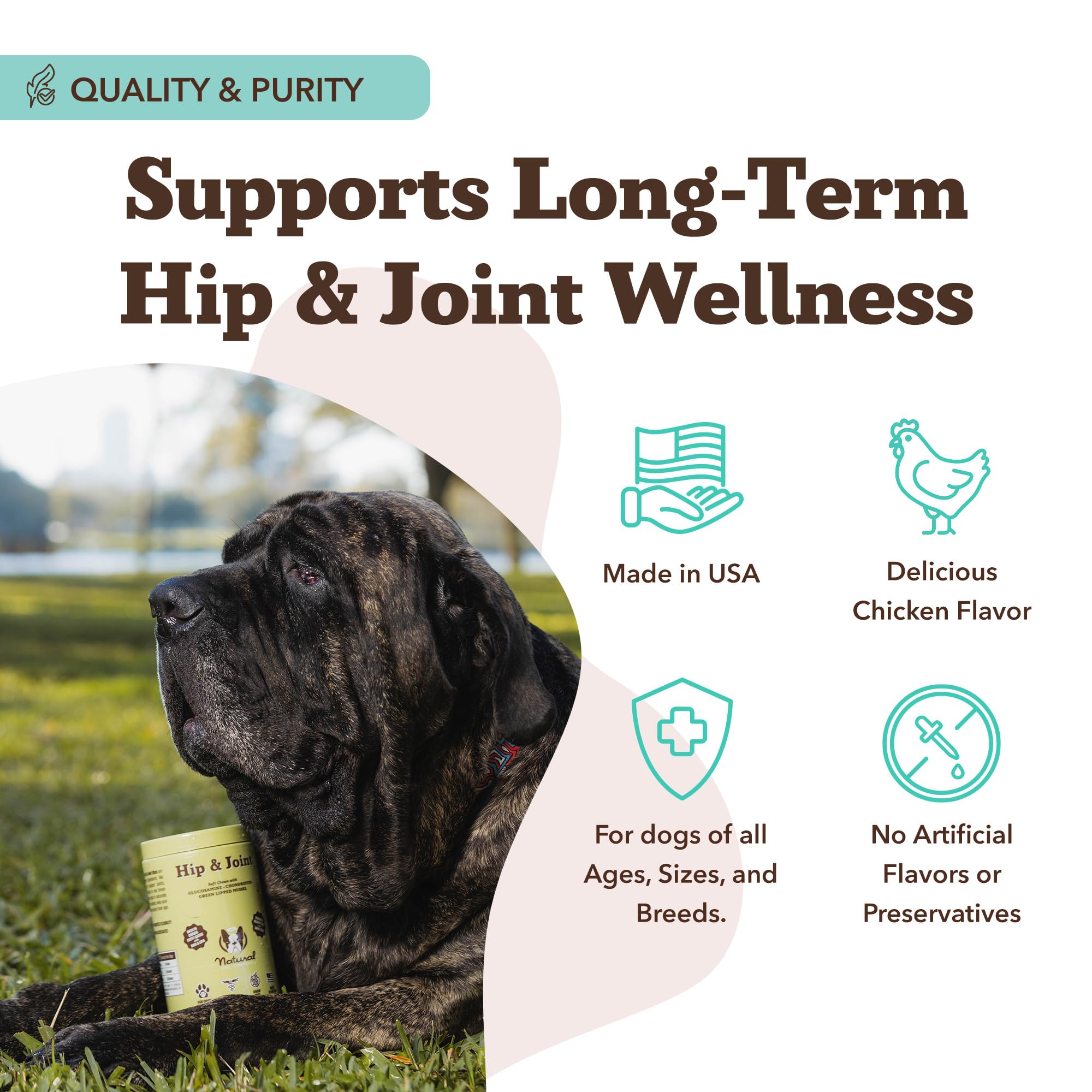 Container open for easy daily dosing of Natural Dog Company chews.