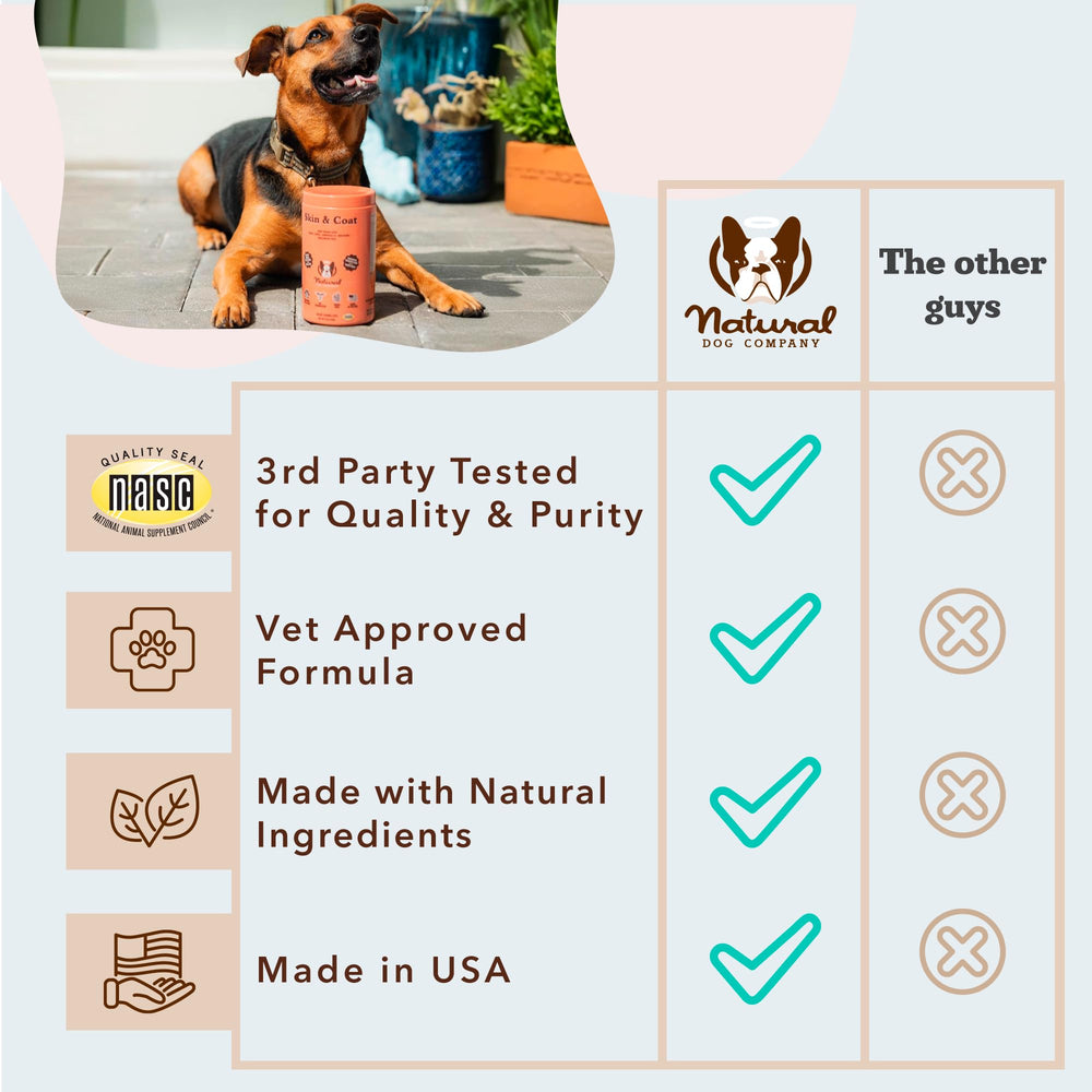 Natural Dog Company dog enjoying a chew supports skin comfort