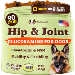Natural Dog Company hip-joint chew bag open, showcasing soft treats for daily mobility.