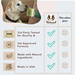 Natural Dog Company hip-joint chew glossy-label close-up emphasizes quality ingredients.