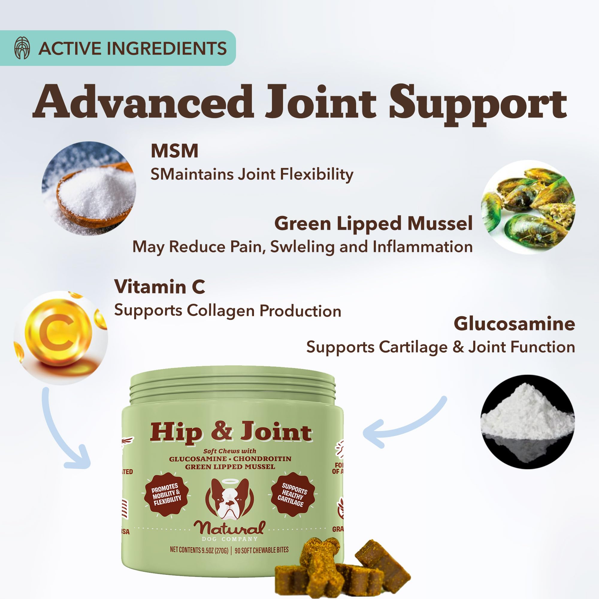 Natural Dog Company hip-joint chew pack-front features trusted chicken flavor for active dogs.