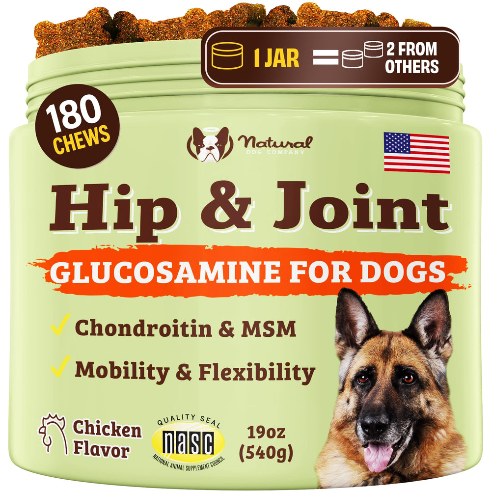 Natural Dog Company Hip & Joint Chews bottle supports daily mobility.