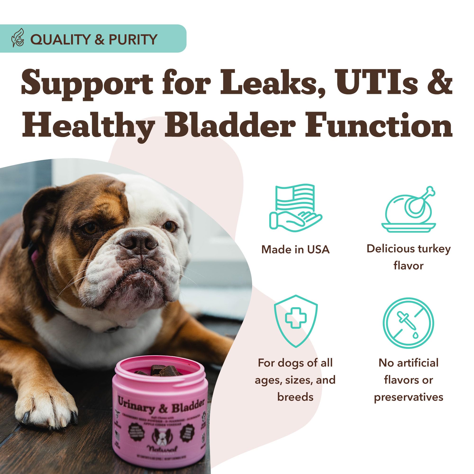 Natural Dog Company ingredient label highlighting cranberry D-mannose and botanicals.
