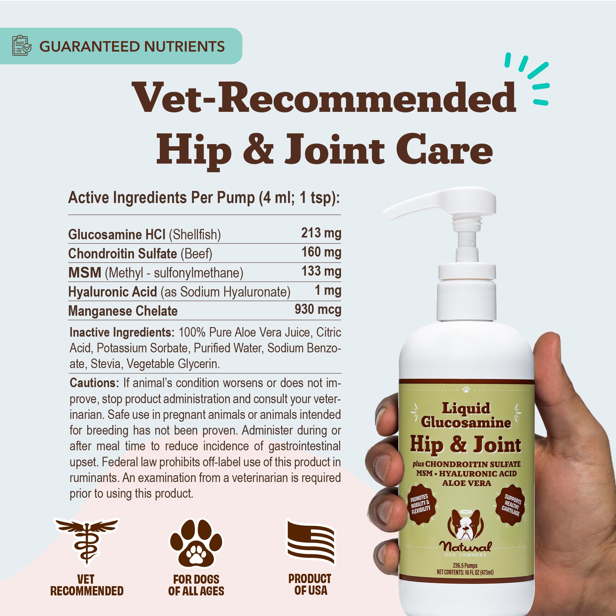 Natural Dog Company Liquid Glucosamine shown as swallowing-friendly option for picky eaters.