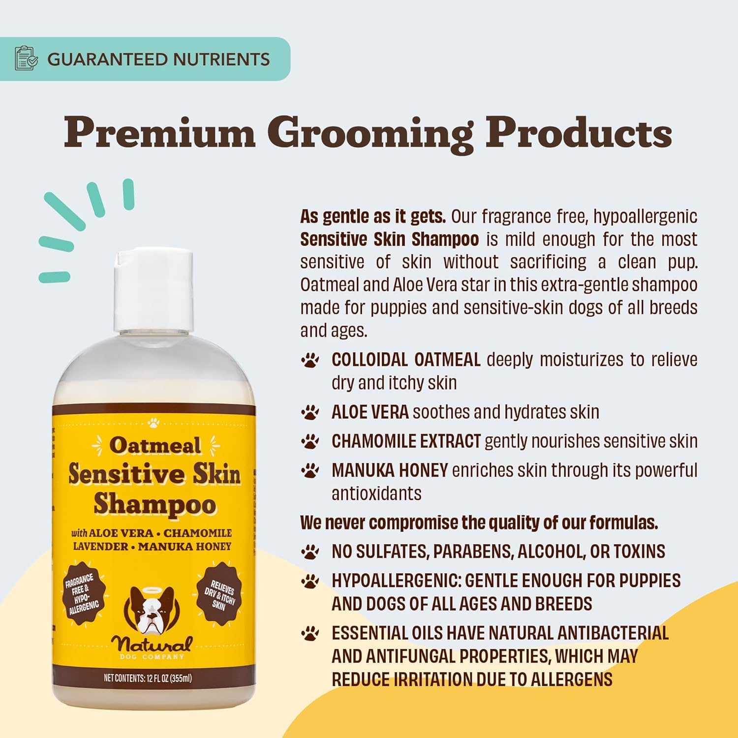 Natural Dog Company oatmeal shampoo ingredients with aloe vera and manuka honey for balanced skin.