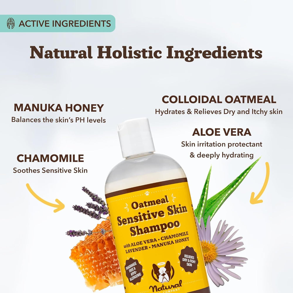 Natural Dog Company oatmeal shampoo ingredients collage highlighting colloidal oatmeal.