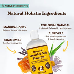Natural Dog Company oatmeal shampoo ingredients collage highlighting colloidal oatmeal.