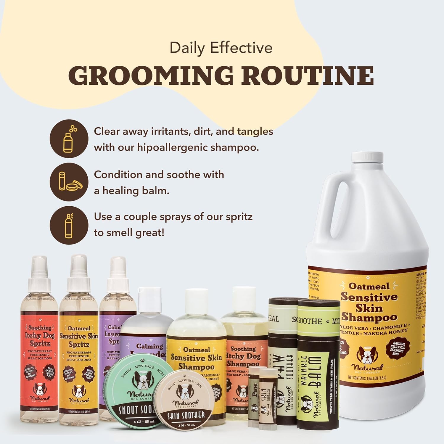 Natural Dog Company oatmeal shampoo usage step showing bath-time application guidance.