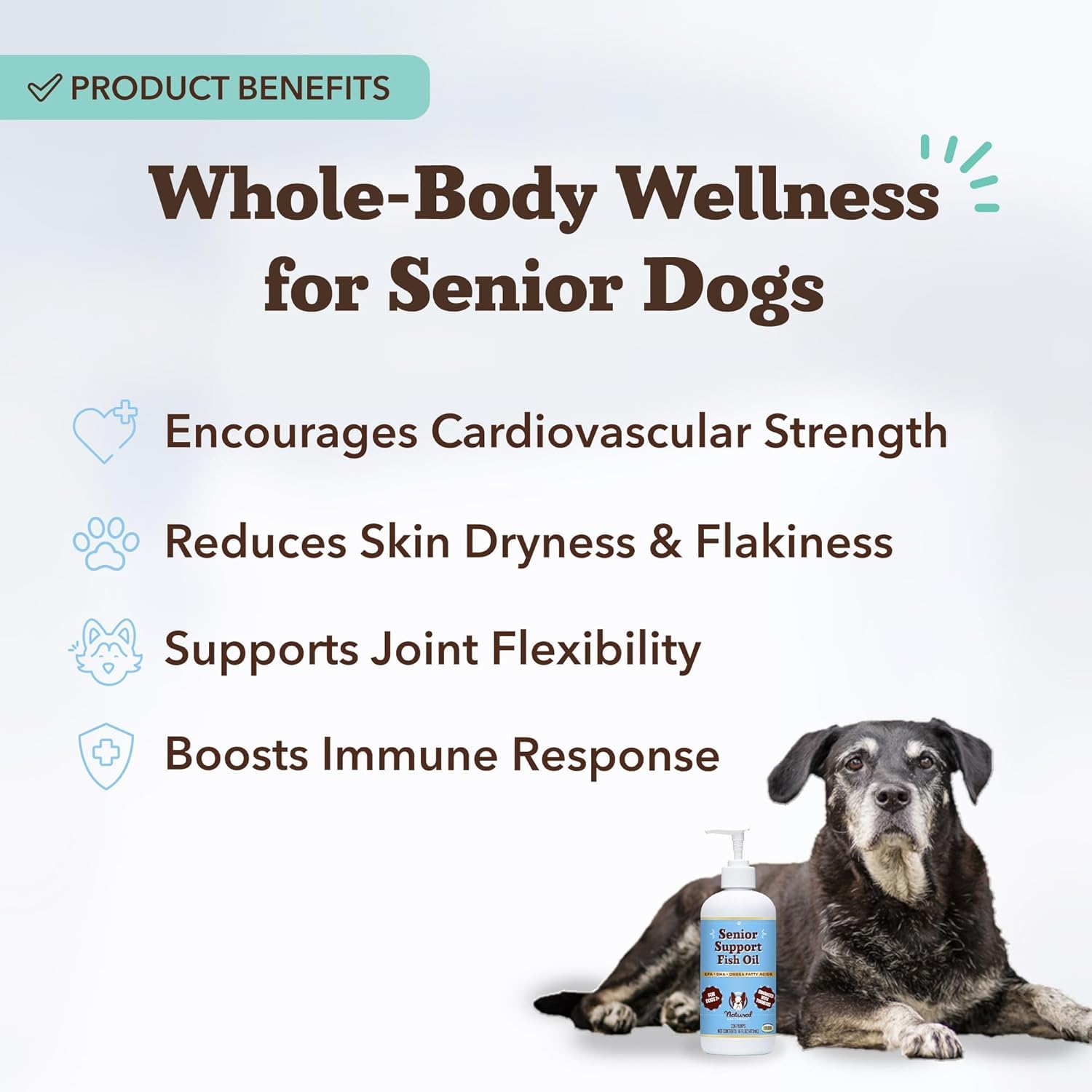Natural Dog Company omega-3 pump dispense demonstrates easy daily dosing for convenient meal addition.
