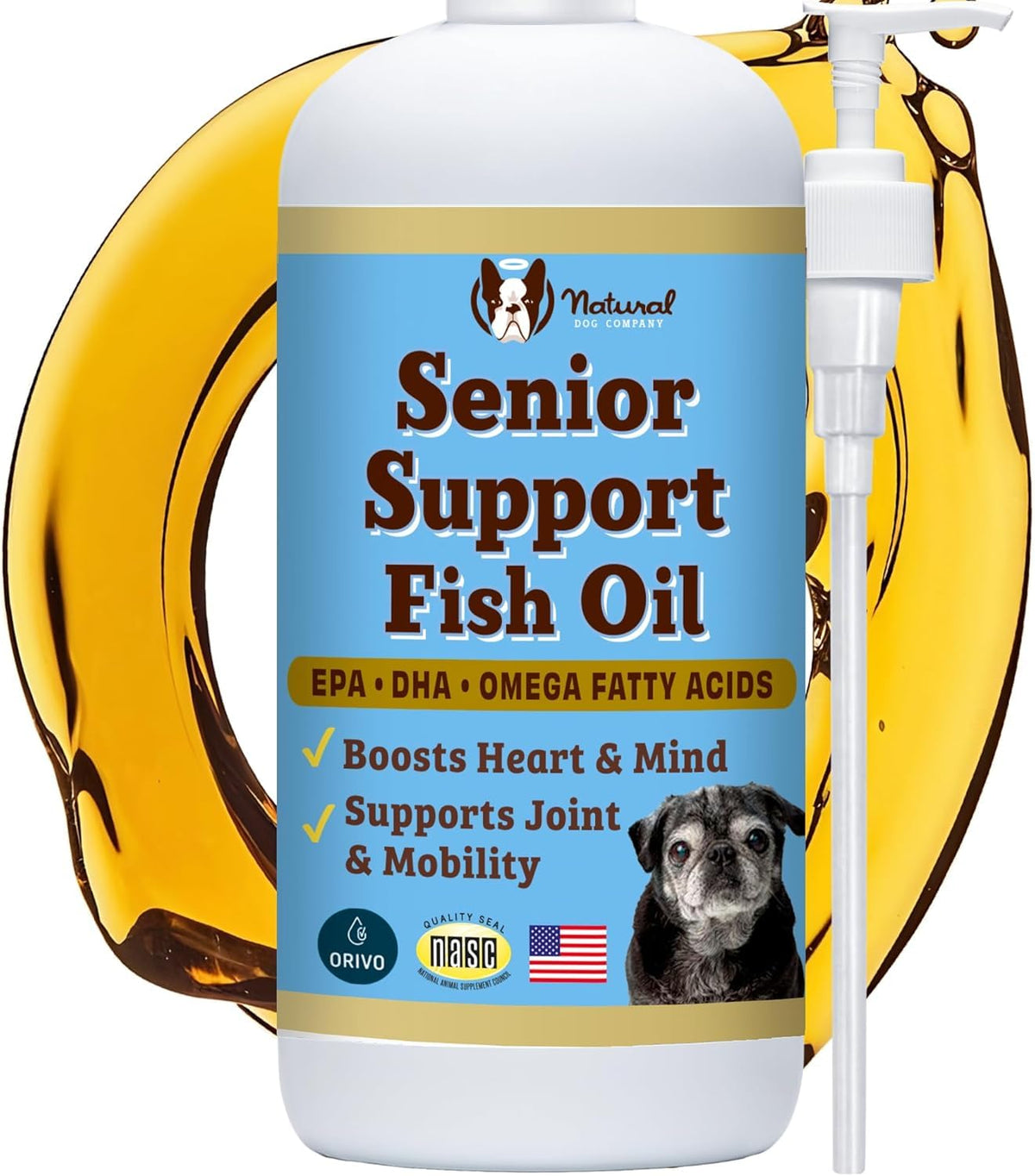 Natural Dog Company Omega-3 senior dogs bottle promotes daily omega support for aging pets.