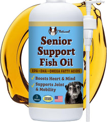 Natural Dog Company Omega-3 senior dogs bottle promotes daily omega support for aging pets.