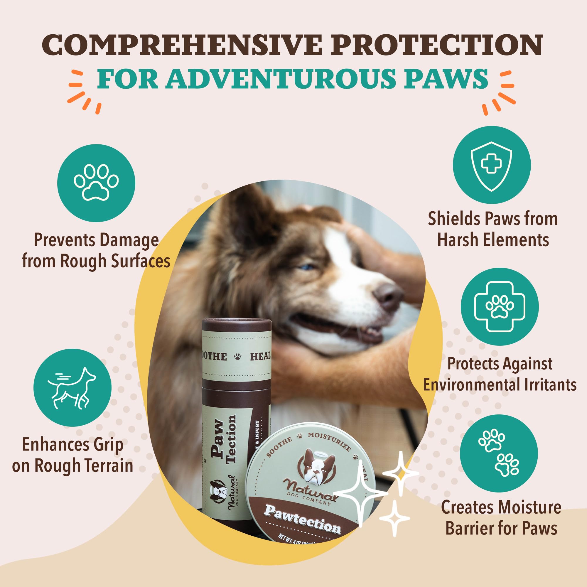 Dog walking on rough terrain with PawTection Balm on paws.
