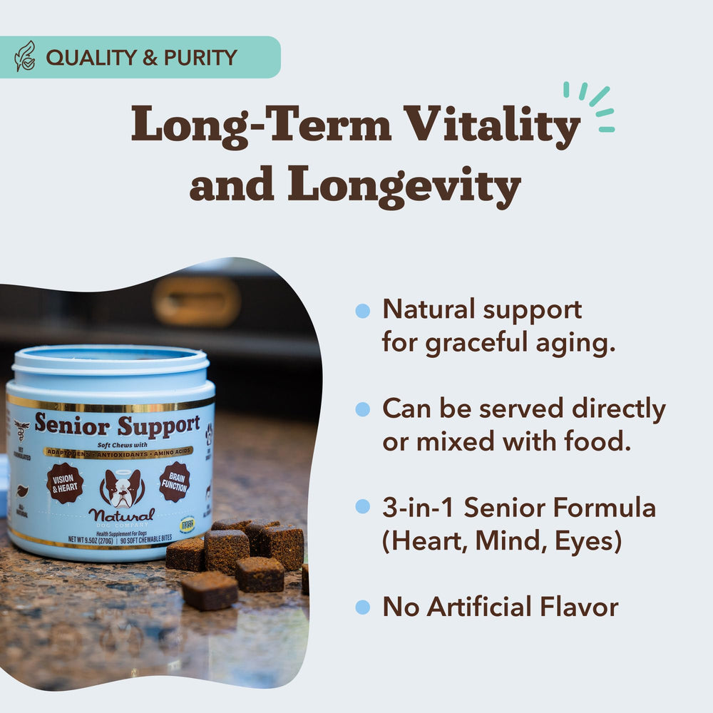 Natural Dog Company Senior Dog Vitamins Chew omega-3—promotes healthy joints and coat.
