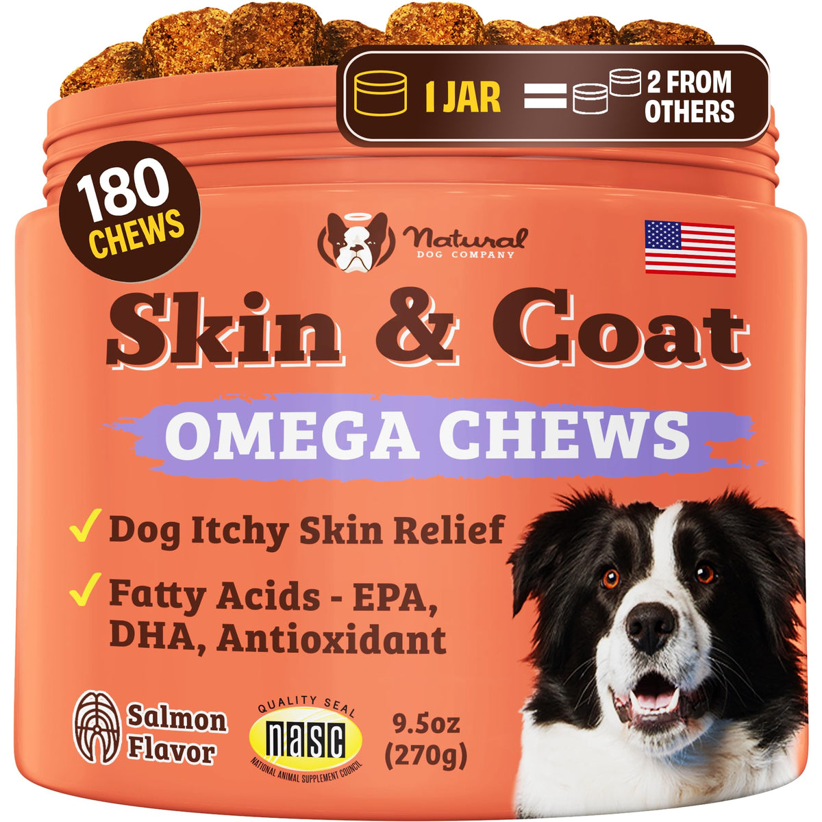 Natural Dog Company Skin & Coat chews bottle front view for daily coat care