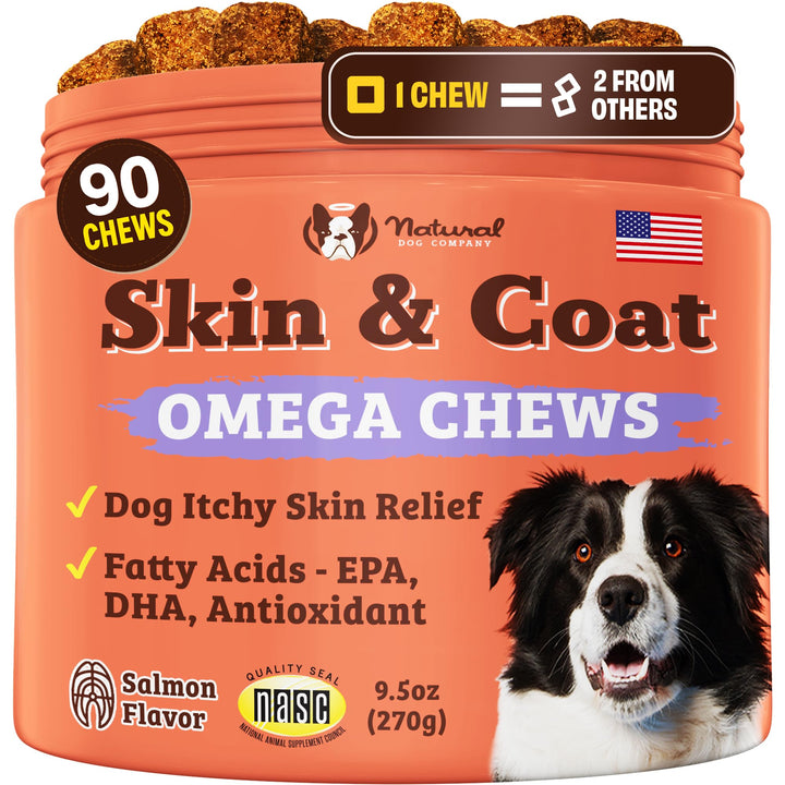Natural Dog Company Skin & Coat soft chews arranged for a shiny coat