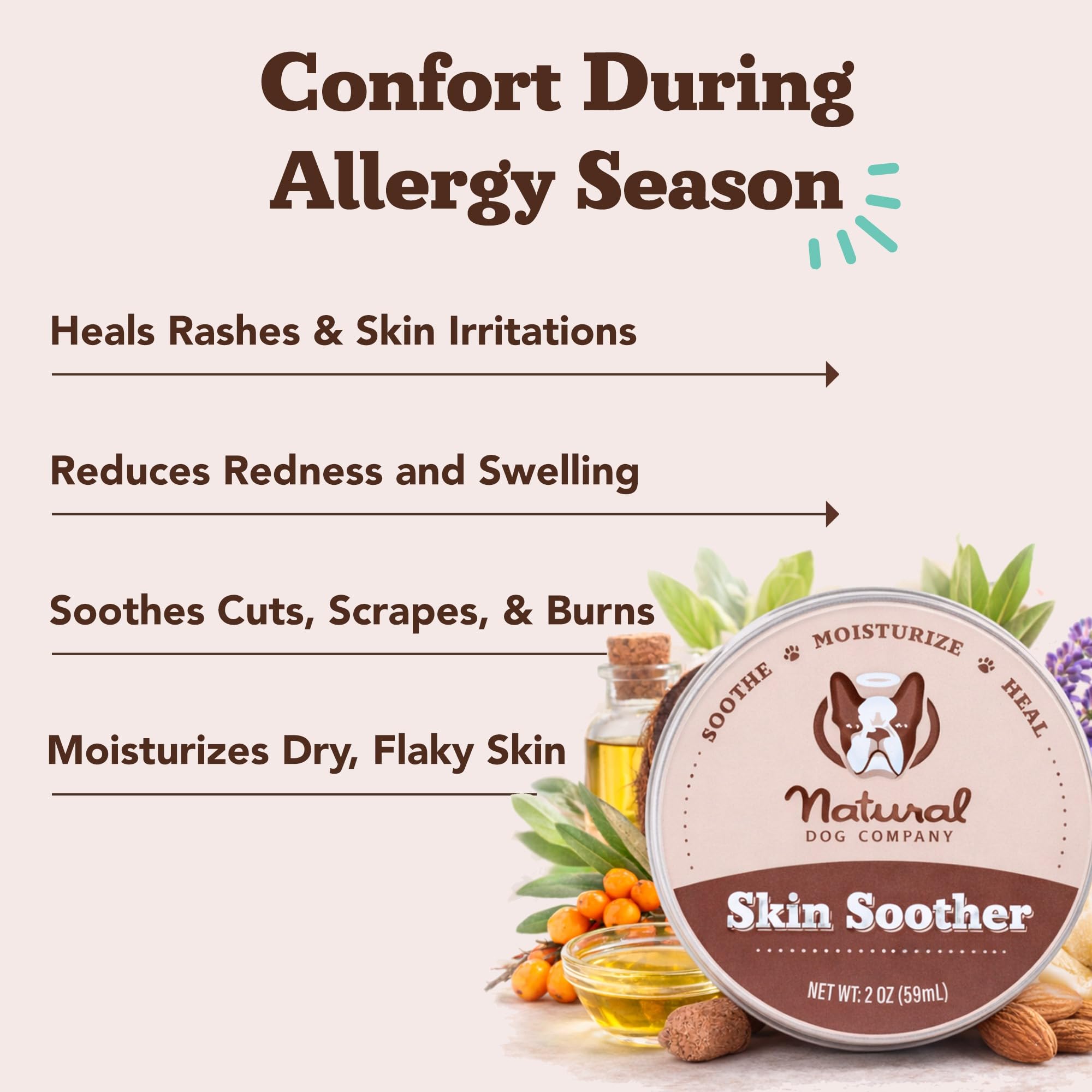 Natural Dog Company Skin Soother Balm ingredients closeup, highlighting calendula and vitamin E.