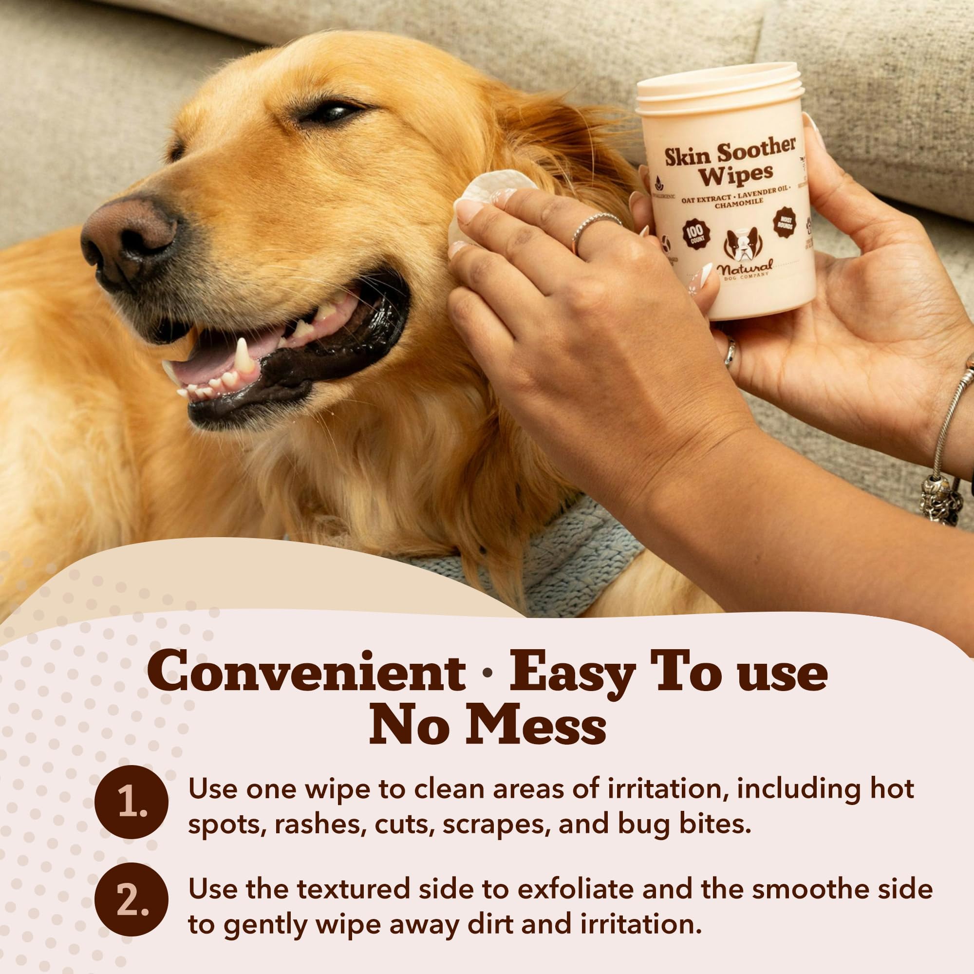 Natural Dog Company Skin Soother Wipes ingredient label close-up.