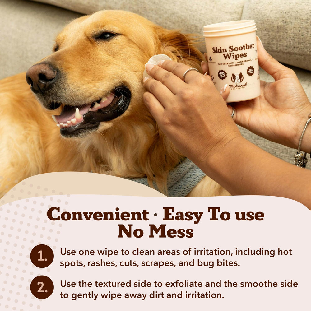 Natural Dog Company Skin Soother Wipes ingredient label close-up.