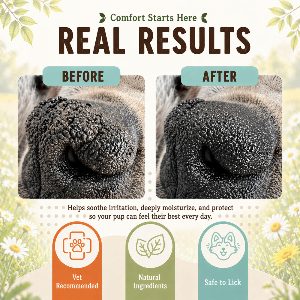 Natural Dog Company Snout Soother on nose during application for smooth, moisturized noses.