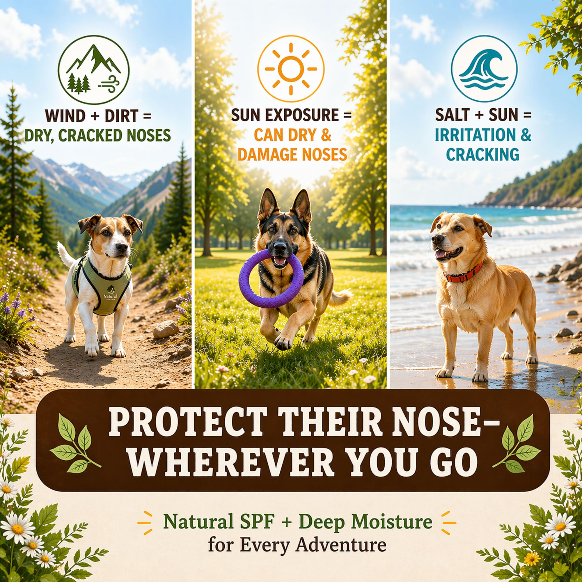 Natural Dog Company Snout Soother shown during sunny outdoor time for nose protection.